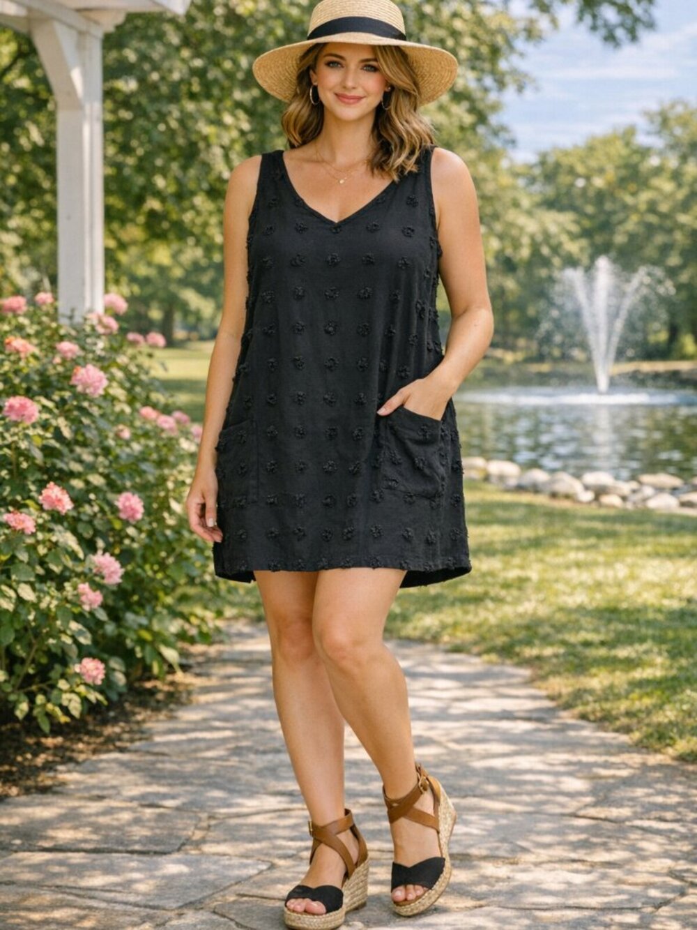 Black Sleeveless V-Neck Shift Dress with Pocket Detail 💛 - Picture 5 of 5